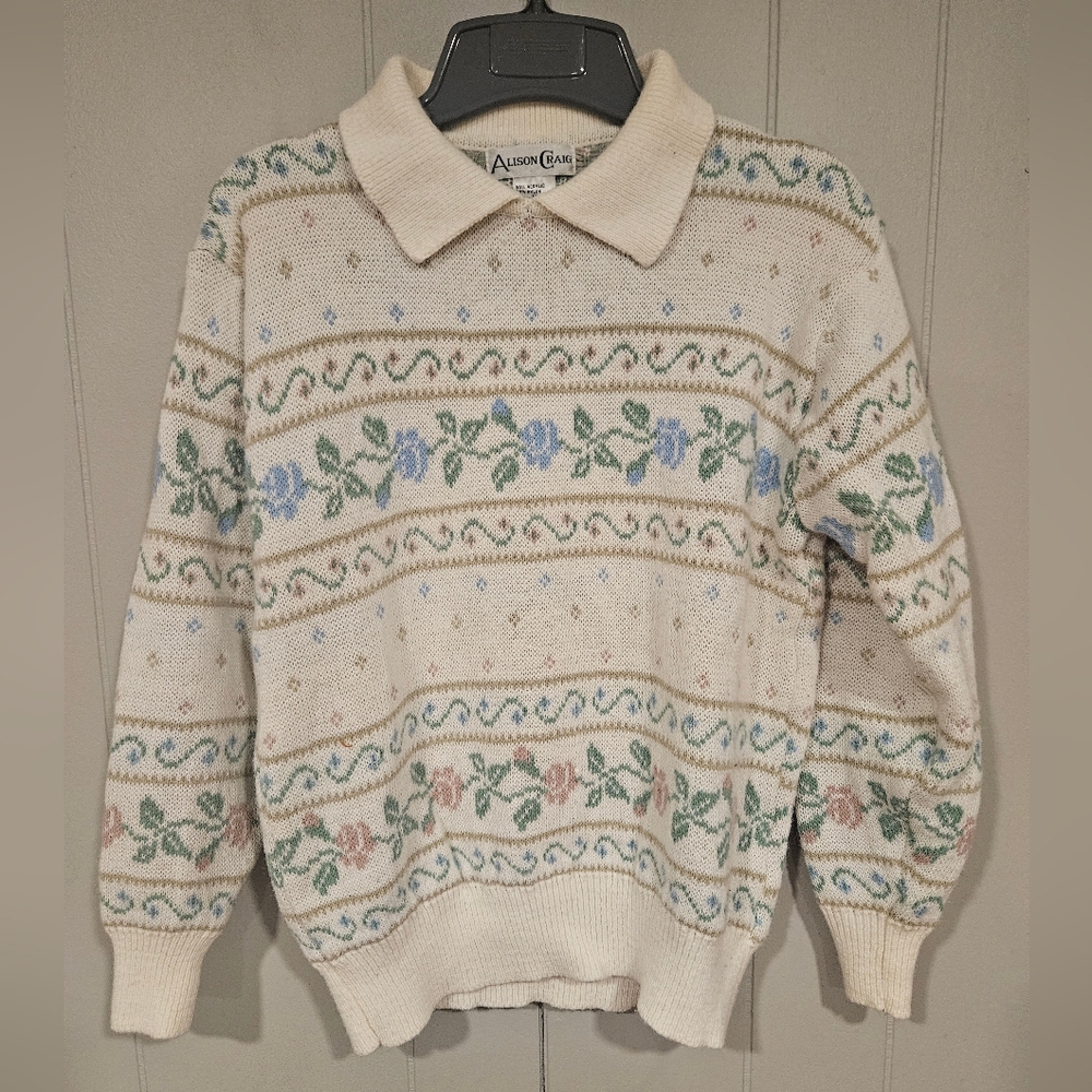 Vintage Alison Craig Collared Knit Sweater Size Medium Preppy 80s Floral Striped